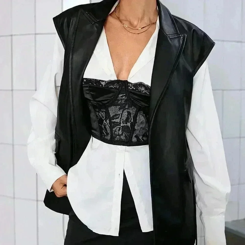 Black Elegant Women's Vintage Faux Leather Lapel Vest Jacket